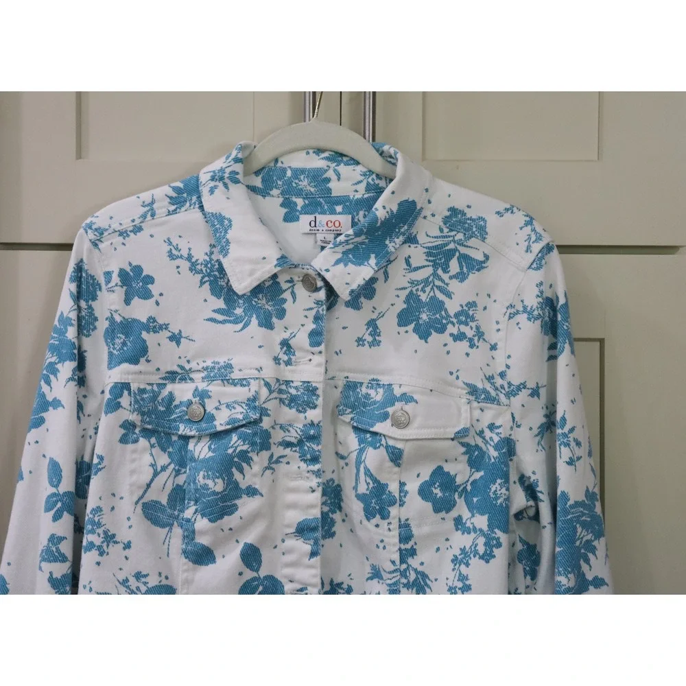 Denim & Co Summer Teal & White Twill Jean Jacket Large